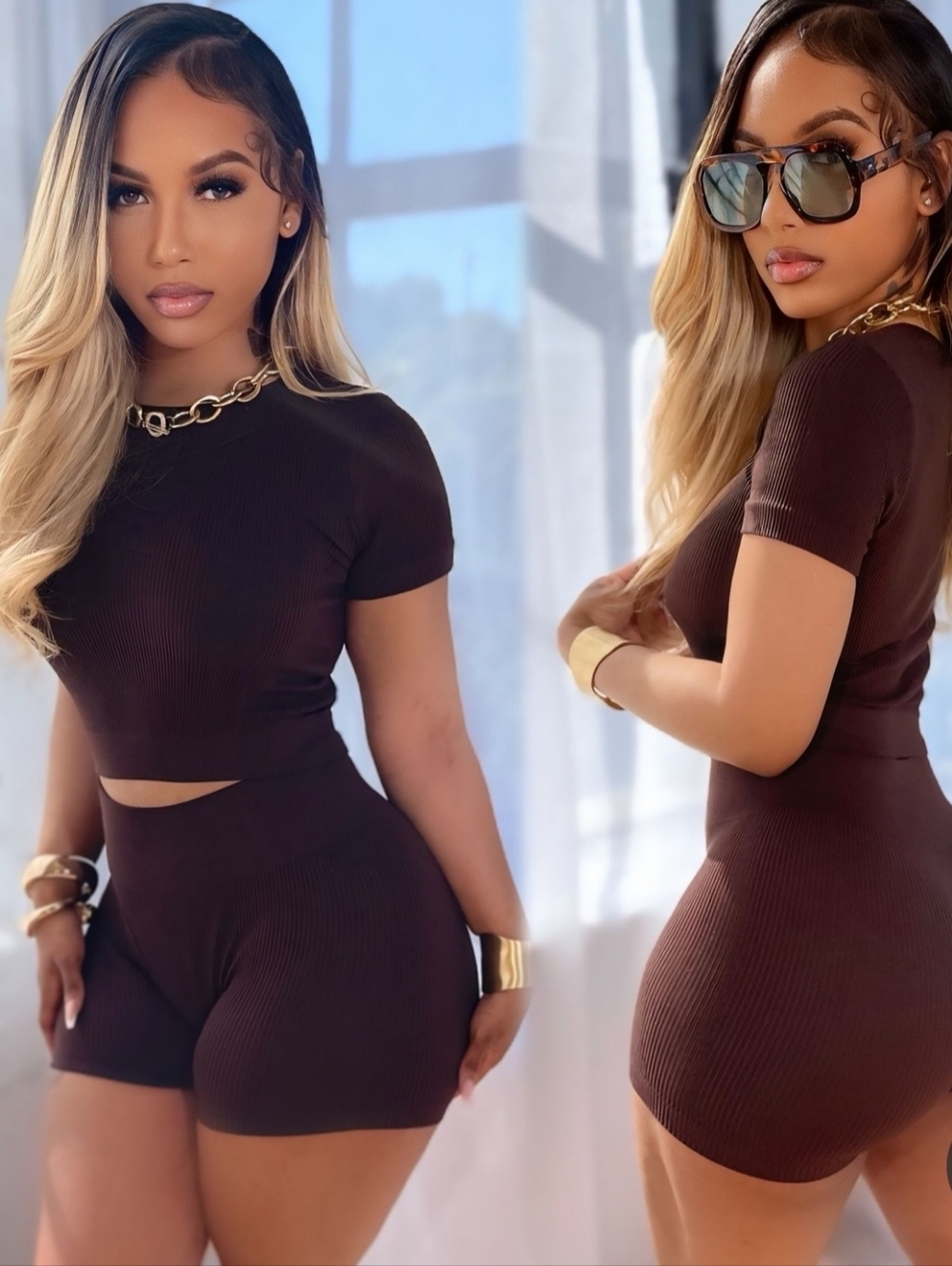 CHOCOLATE Ribbed High Waisted Short Set - S/M